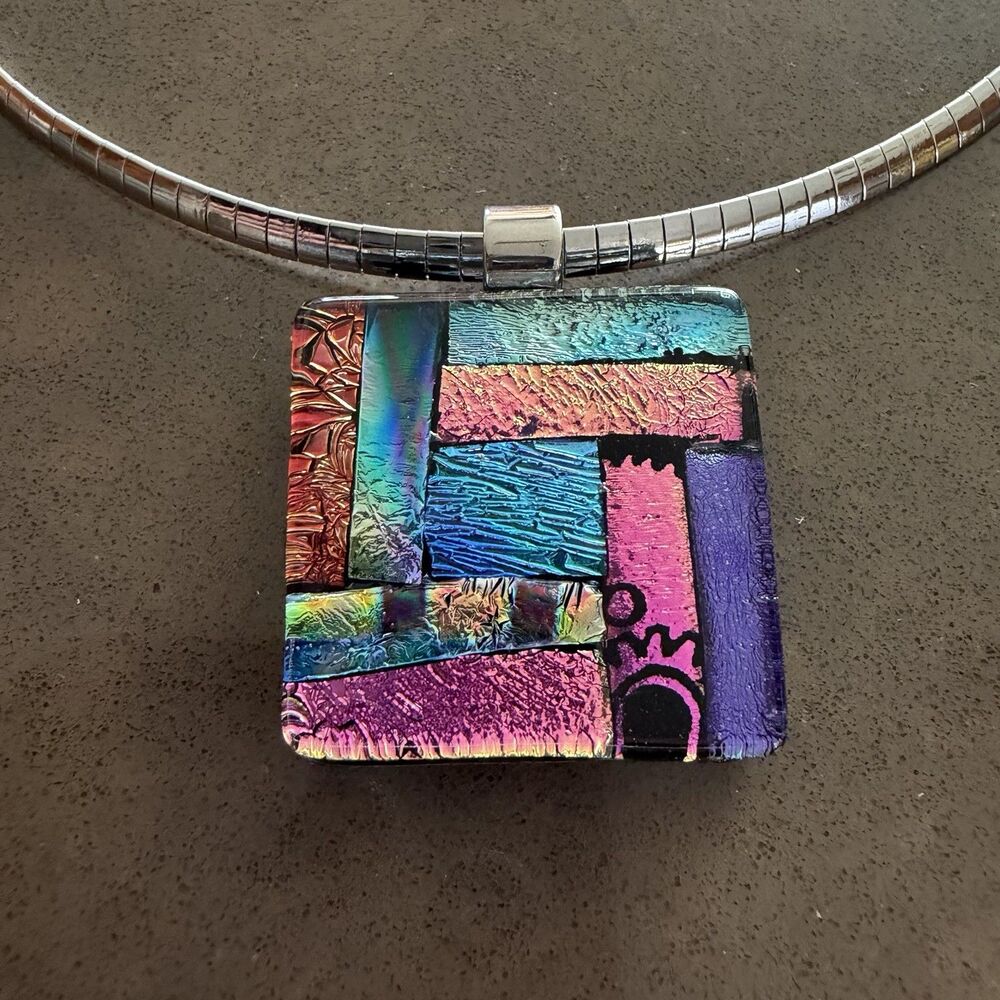 Artisan made Multi Color Dichroic Glass Pendant On Silver Snake Like Chain